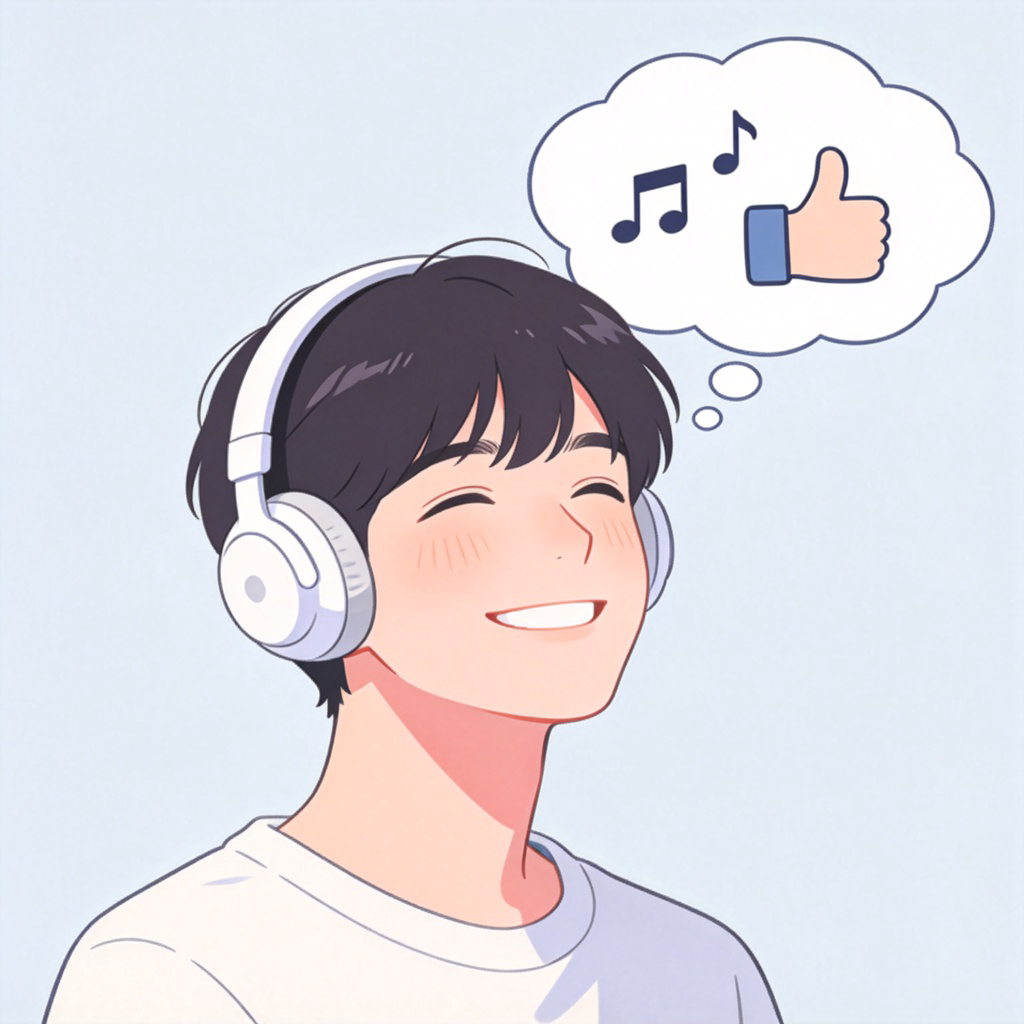 A young person is smiling while listening to music through white wireless headphones. A thought bubble above their head shows musical notes and a thumbs-up emoji, indicating a positive reaction. Plain background.