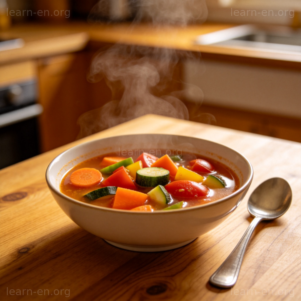 Bol fumant de soupe colorée sur une table en bois avec cuillère