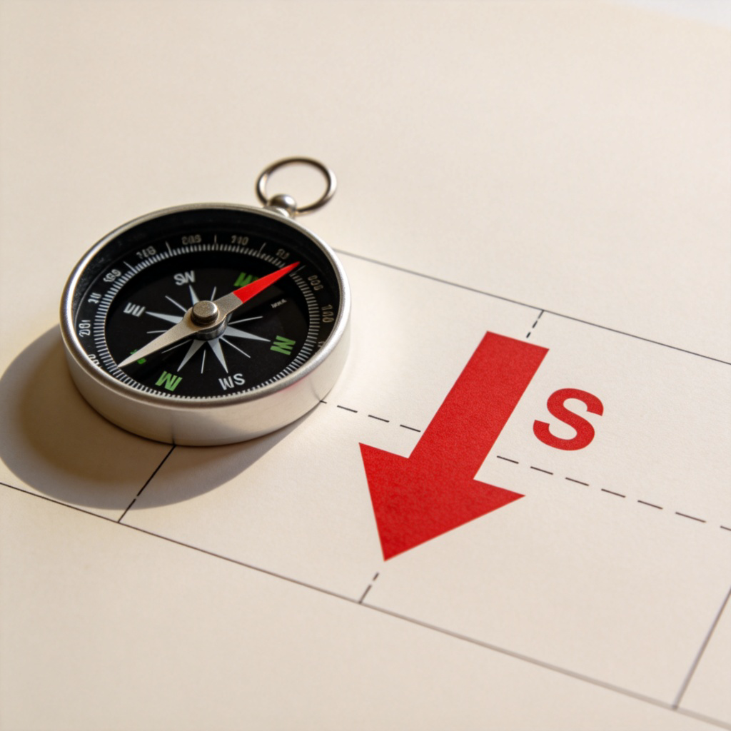 A simple, clean map or a classic handheld compass on a flat surface. On the map, there is a large, prominent red arrow pointing downwards with the letter 'S' clearly marked next to it. The compass needle is also pointing to the 'S' marking. Daylight, plain background, focused on the directional indicators. No text or logos.