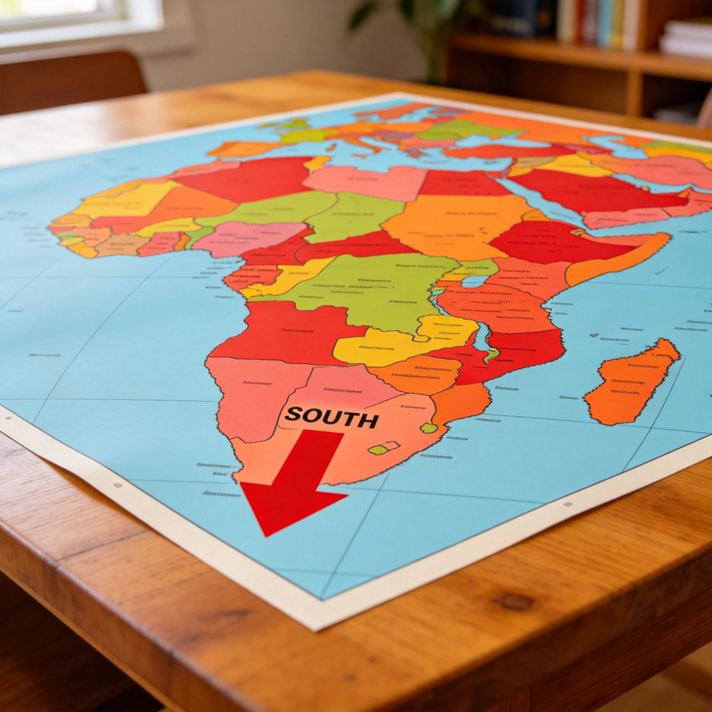 A large, colorful map of a continent, with a bright red arrow pointing to the bottom area labeled ‘SOUTH’. Focus on the arrow and the southern region, which is shaded slightly differently. The map is laid flat on a wooden table in a well-lit room. No text on the map besides ‘SOUTH’.