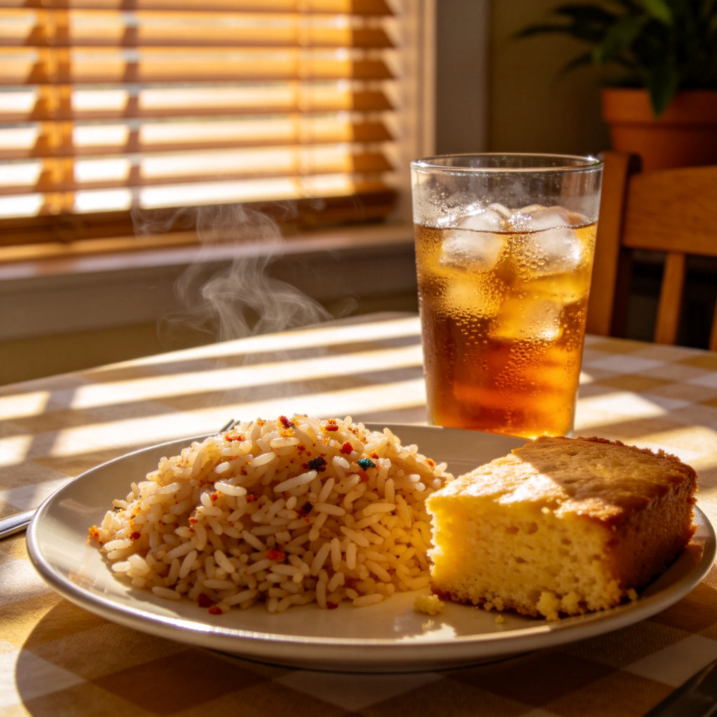 A cozy dining table setting with a plate of food that clearly represents a regional cuisine, such as a dish of rice with distinct spices and a piece of cornbread, evoking a warm, Southern U.S. style. Next to it, a glass of iced tea. Sunlight streams through a window with wooden blinds. Warm and inviting atmosphere.