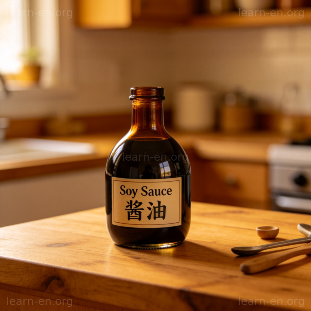 Soy Sauce 酱油图解：深色玻璃瓶装酱油置于木质厨房台面