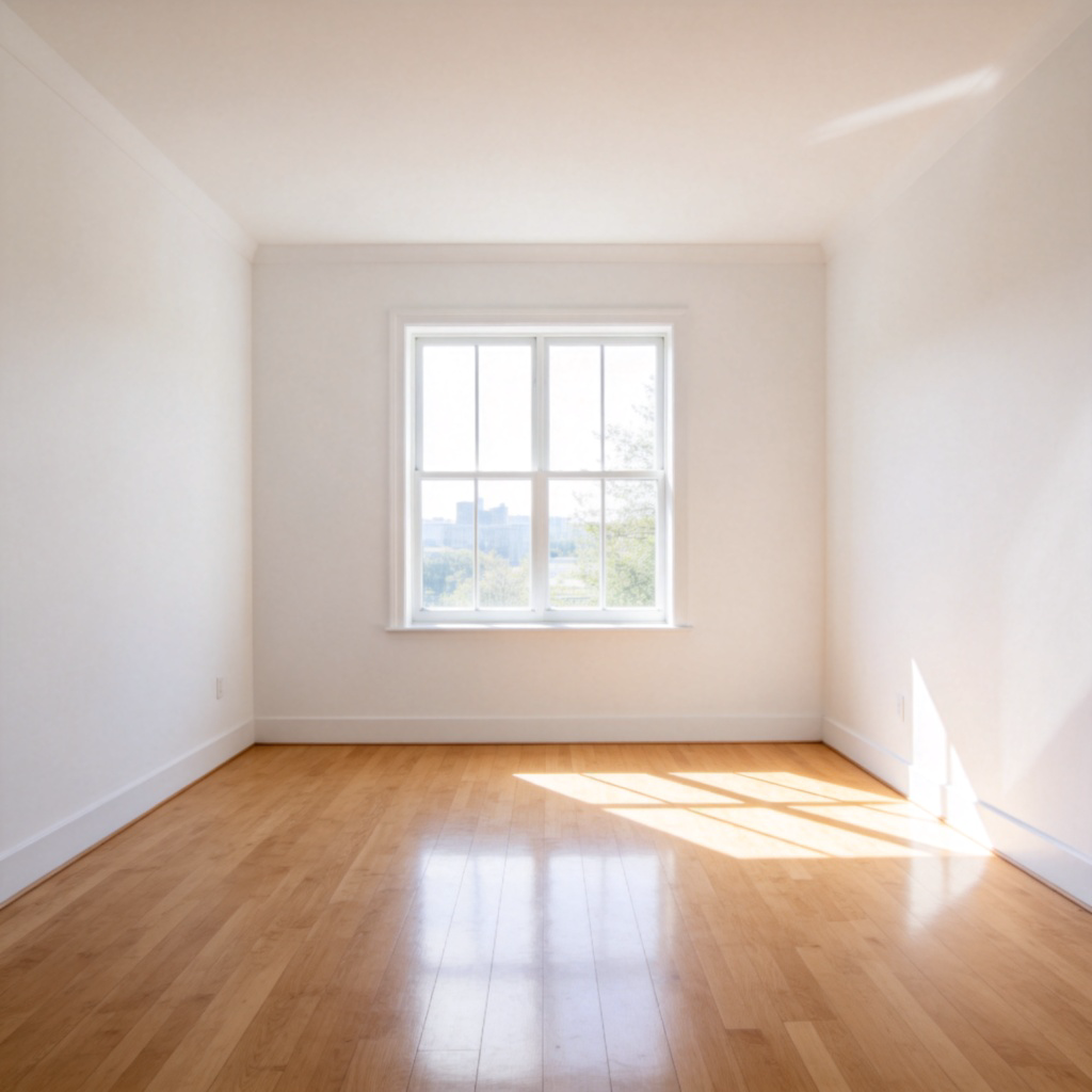 A clean, empty room with bare white walls and a polished wooden floor. Sunlight streams in through a large window, highlighting the open area. The room is completely unfurnished, emphasizing the concept of available space. No text.