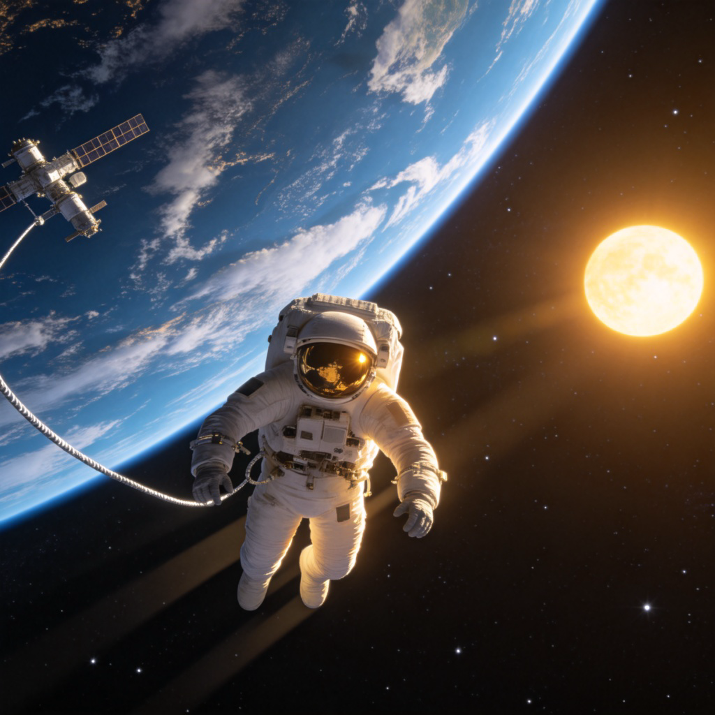 An astronaut floating in the black void of space, with a curved blue Earth and the sun in the distant background. The astronaut is connected to a space station by a safety tether. Stars are visible in the dark backdrop. Photorealistic style.