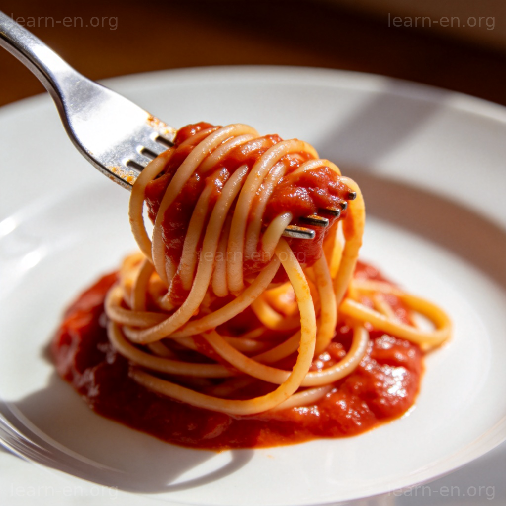 Spaghetti 图解：缠绕着番茄酱的意大利面特写