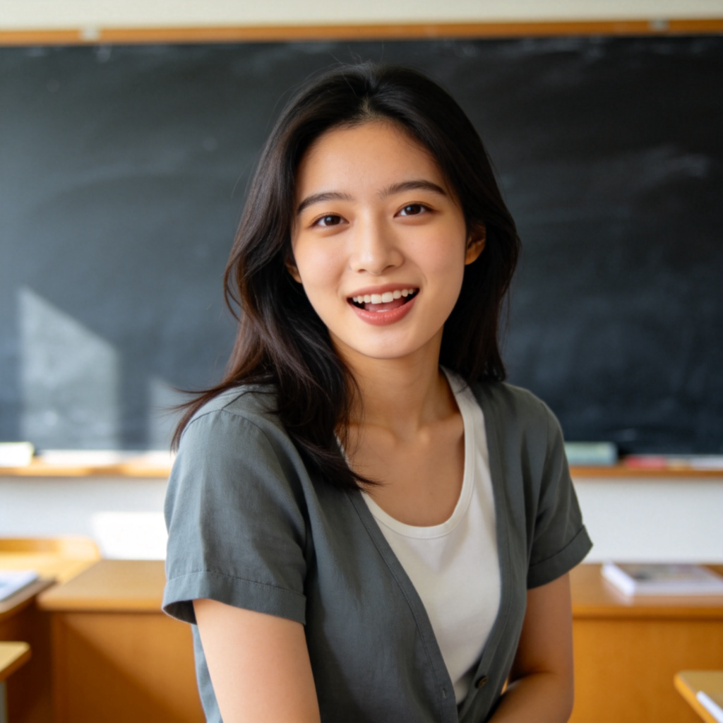 A smiling young woman in a classroom, looking at the camera with her mouth slightly open as if speaking. She is casually dressed, standing in front of a blackboard. The scene feels natural and active. Focus on her face and body language. Clear lighting, no text.