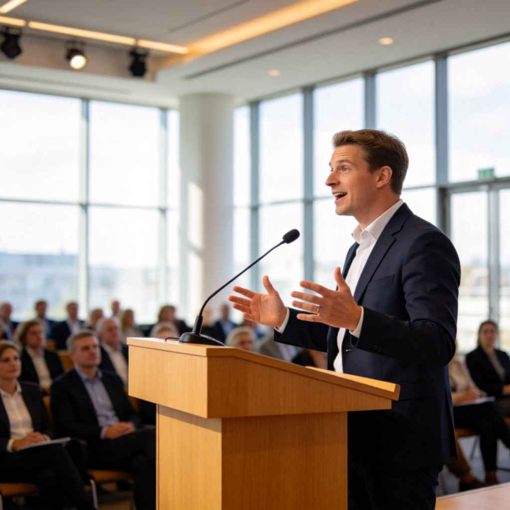 A person standing at a wooden podium in a bright, modern conference hall, speaking confidently into a microphone. The audience is blurred in the background, focusing on the speaker's expressive face and hand gestures. Daylight from large windows, professional atmosphere. No text.