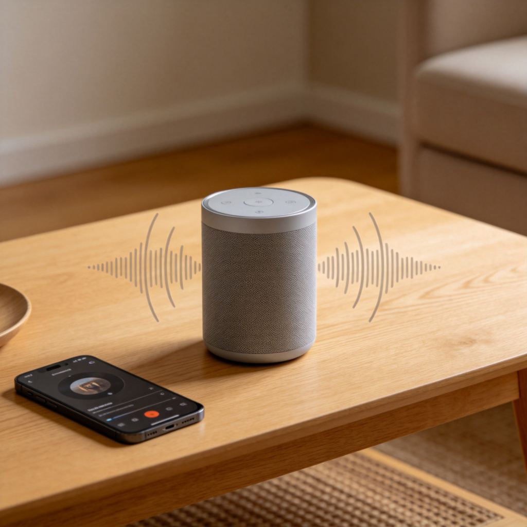 A close-up shot of a sleek, cylindrical wireless speaker sitting on a wooden coffee table. Subtle sound waves are illustrated emanating from the speaker, with a smartphone nearby showing a music app. Simple, clean background with soft lighting. No text.