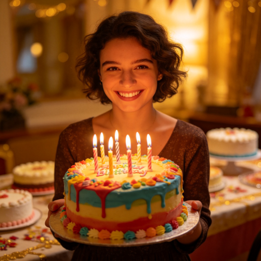 A happy person smiling and holding a beautiful, uniquely decorated birthday cake with colorful icing and candles on a decorated table. Other plain cakes are in the background, out of focus. Warm lighting, focus on the special cake and the person's joy.