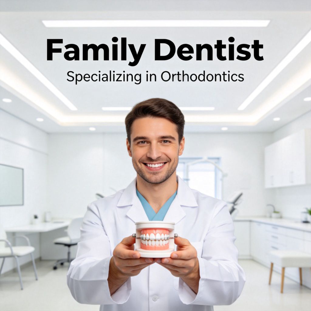 A modern dental clinic sign that reads 'Family Dentist' and 'Specializing in Orthodontics'. In the foreground, a dentist in a white coat holds a model of teeth with braces, smiling confidently. Clean, bright office setting, professional atmosphere. No text on the model or tools.