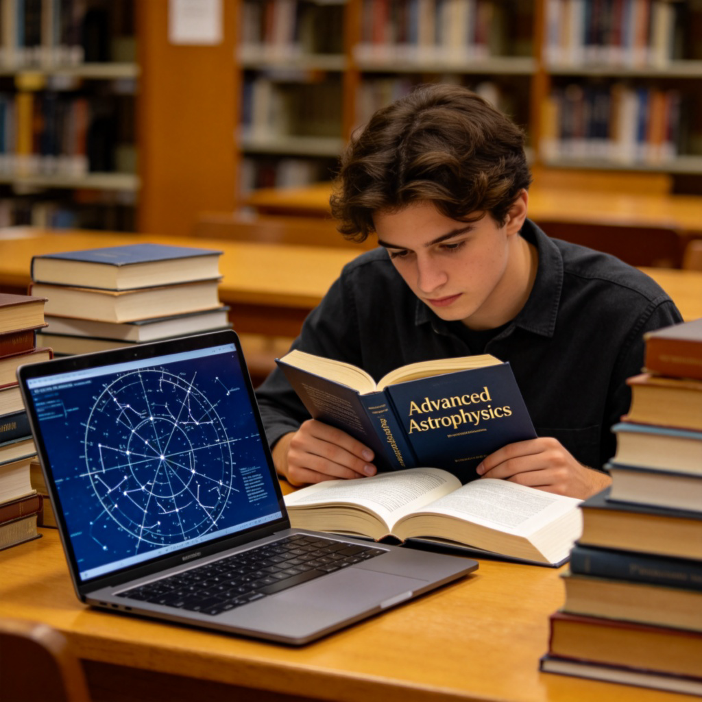 A student in a university library, surrounded by many books, but intently reading one thick textbook titled 'Advanced Astrophysics'. A laptop screen shows complex star charts. The scene conveys deep focus on a single, narrow topic. Soft library lighting. No text visible on the screen or open pages.