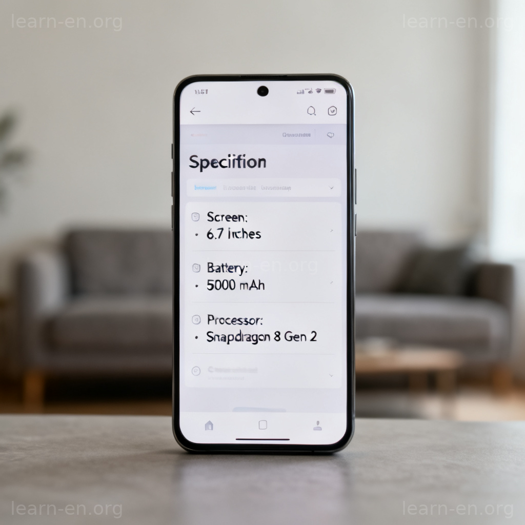 Specification example showing a smartphone tech specs page listing screen size and battery.