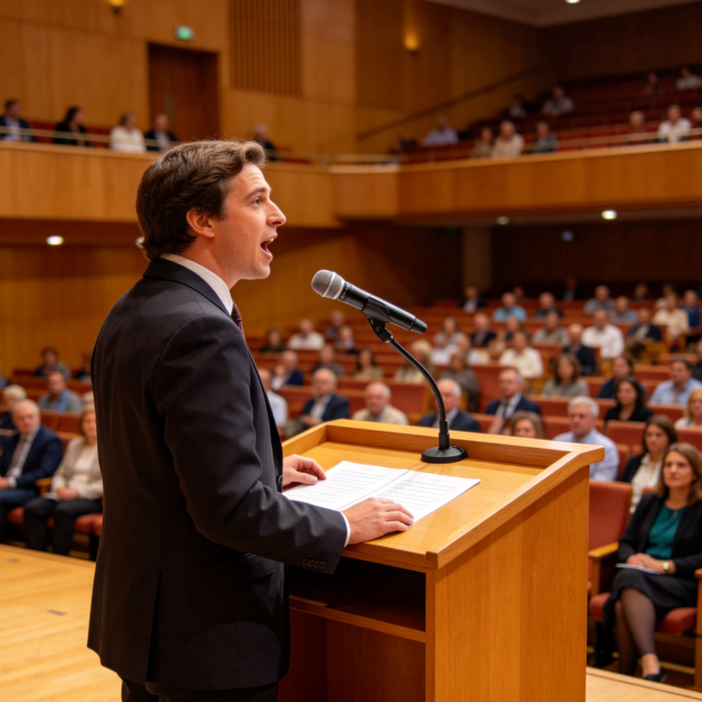 A person stands confidently behind a wooden podium, speaking into a microphone. They are addressing an audience of attentive listeners seated in rows in a bright auditorium. The speaker's mouth is open mid-sentence, and a few notes are on the podium. Clean, realistic style, focus on the speaker and the podium.