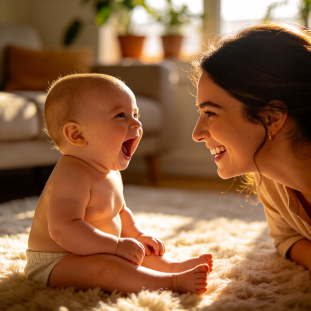 A close-up side view of a happy baby sitting on a soft carpet, mouth open wide as if saying "ba-ba" or "ma-ma". A smiling parent is looking on encouragingly from the side. Warm, natural lighting in a cozy home setting. Focus on the baby's expressive face and mouth.