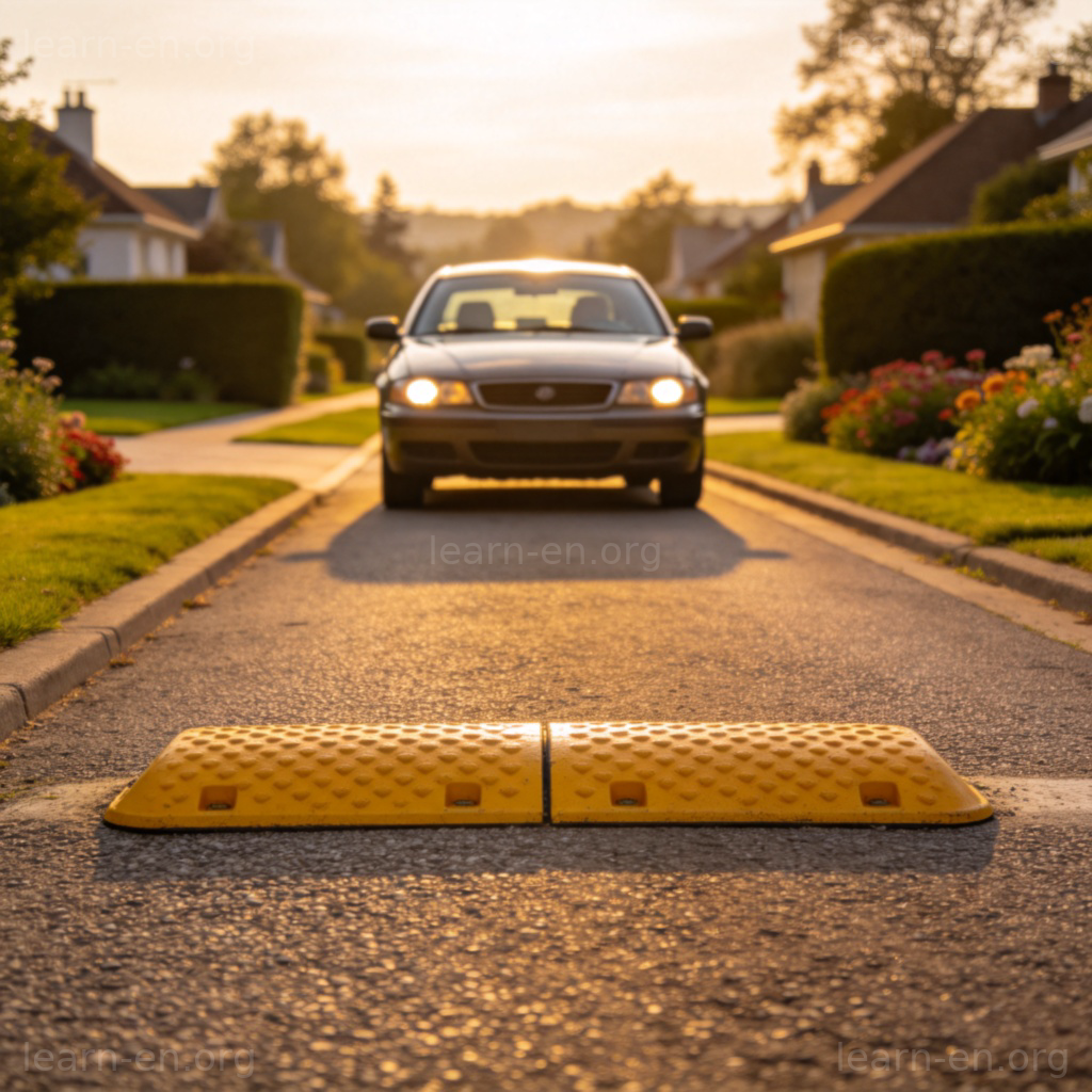 Speed bump 图解：黄色减速带设置在居民区道路，车辆正在减速通过