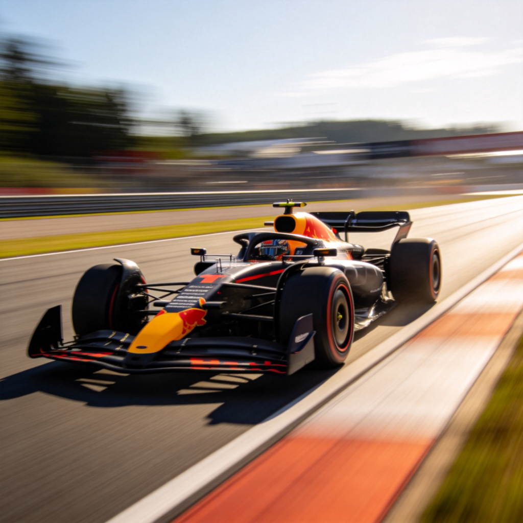 A Formula One race car blurring past on a straight track, with its wheels in motion and background scenery slightly streaked, emphasizing high velocity. Bright daylight, focus on the car's dynamic movement. No text or logos visible.