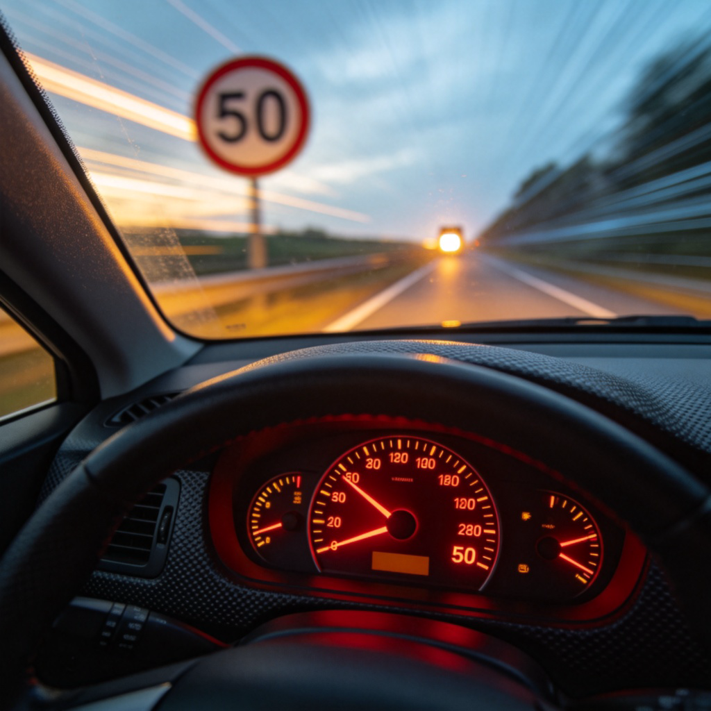 A driver's view from inside a car, focusing on the speedometer needle pointing far beyond the red '50' mark on the dial, indicating overspeeding. A speed limit sign saying '50' is visible blurred outside the passenger window, with a speed camera flash in the distance. Realistic dashboard view.