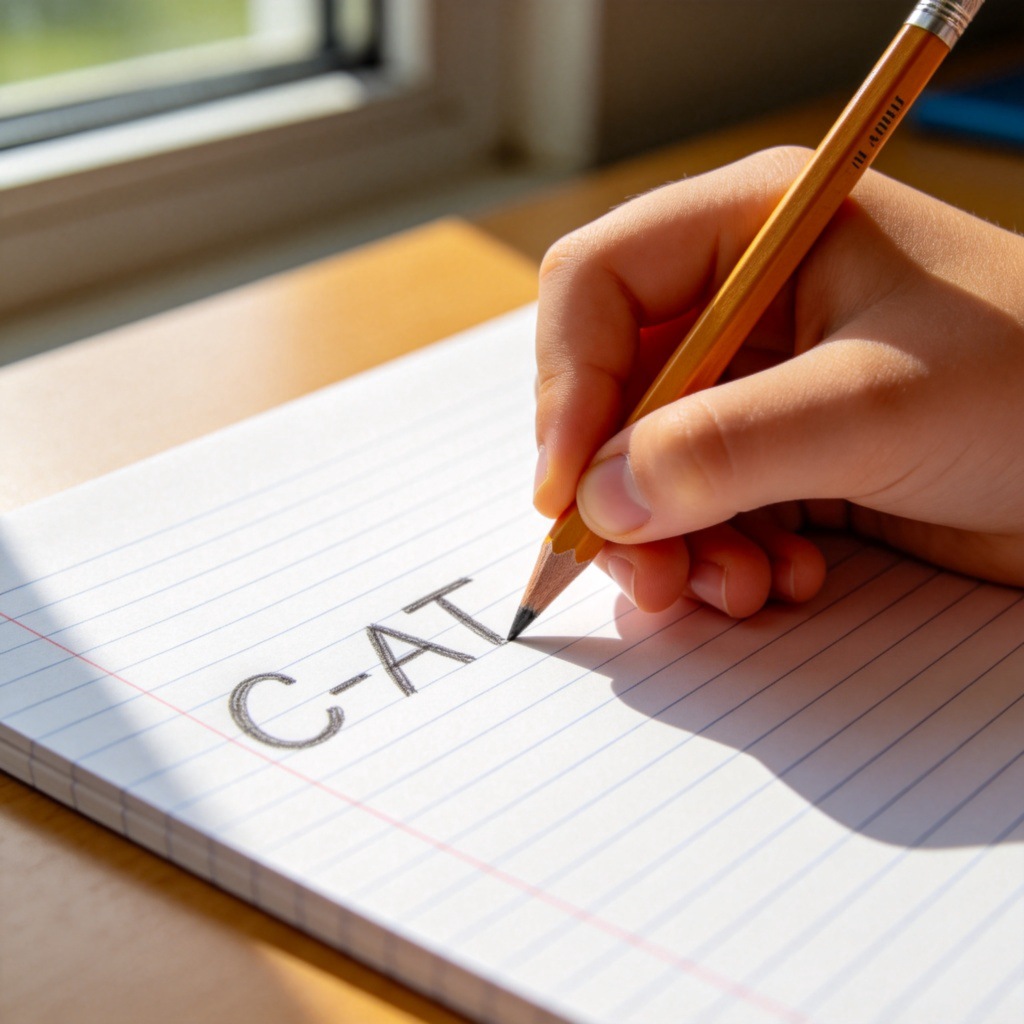 A close-up view of a child's hand holding a pencil, carefully writing the letters C-A-T on lined paper in a classroom. The focus is on the pencil tip and the neatly formed letters. Daylight from a window, simple desk background. No text or numbers visible.