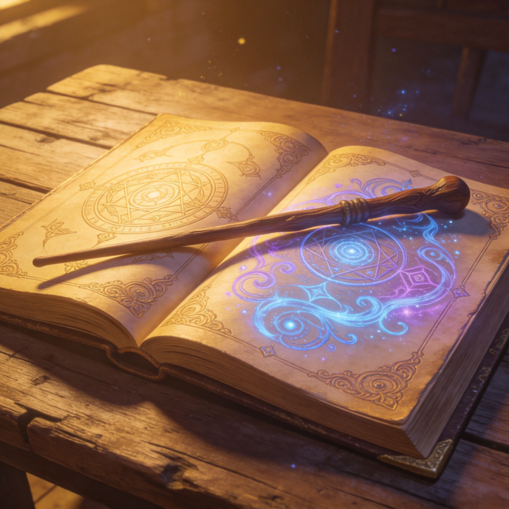An open, ancient-looking book with ornate pages lies on a wooden table. A classic, wooden magic wand rests on top of the open book. The pages show mystical symbols and swirling, glowing illustrations. Warm, magical light emanates from the book. No text in modern language.