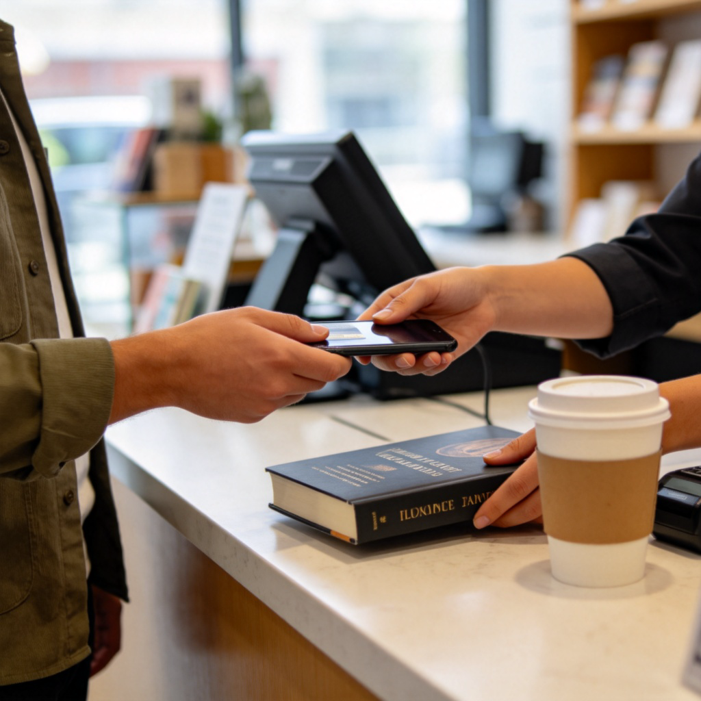 A person standing at a store counter, handing over a credit card or smartphone to pay. The cashier is scanning an item like a book or a coffee. Clear focus on the hand and payment method exchange. Bright, clean store lighting. No text or logos visible.