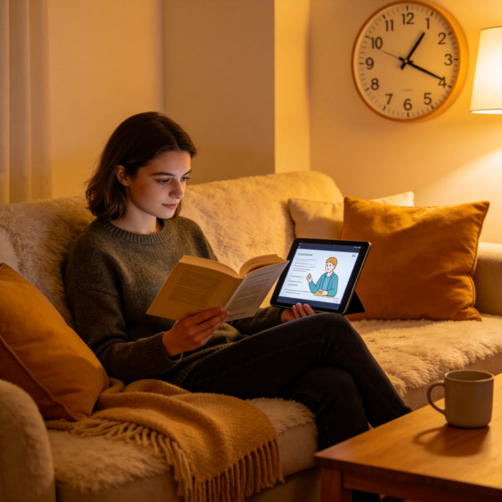 A person sitting comfortably on a sofa, focused on reading a book or watching an educational video on a tablet. A clock is visible on the wall in the background, showing the passage of time. Warm, cozy indoor lighting. No text on screen.