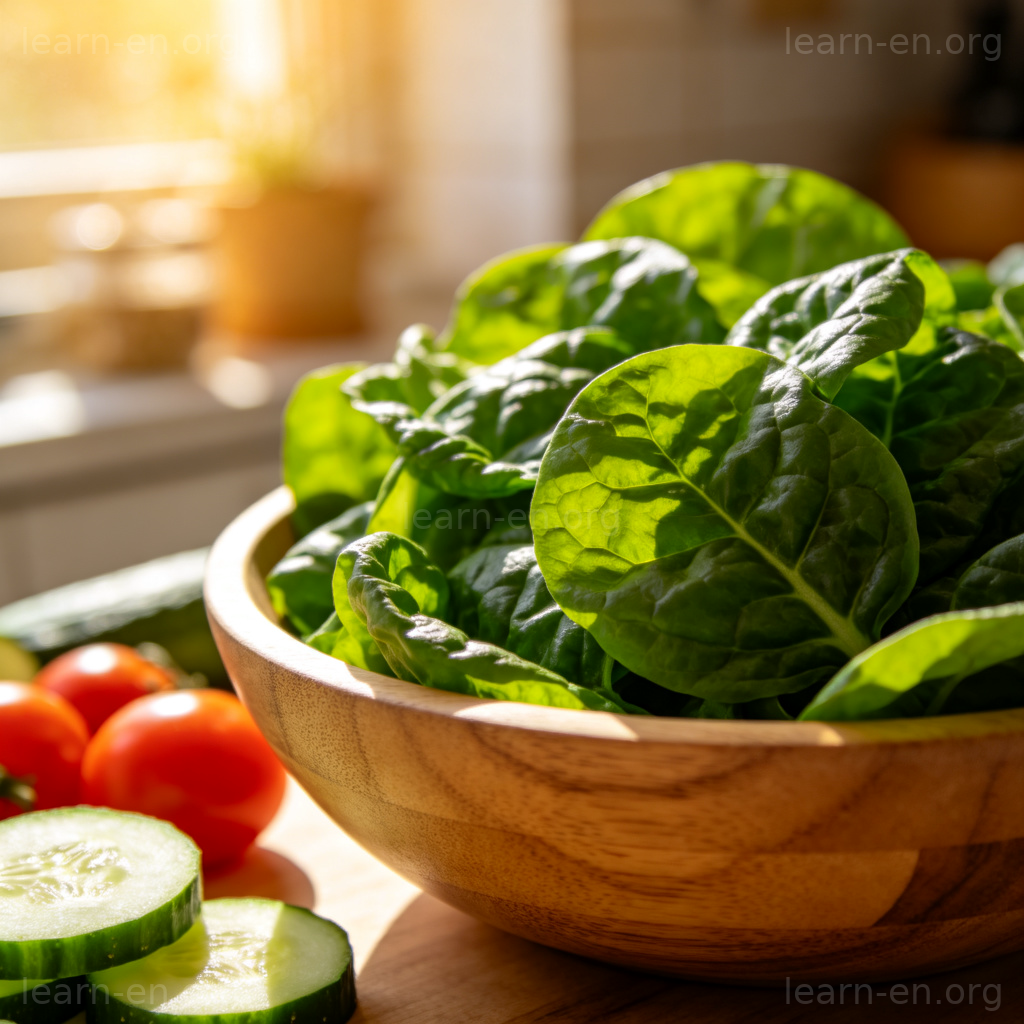 Spinach 图解：木碗中新鲜褶皱菠菜叶，搭配番茄黄瓜，展示健康沙拉场景