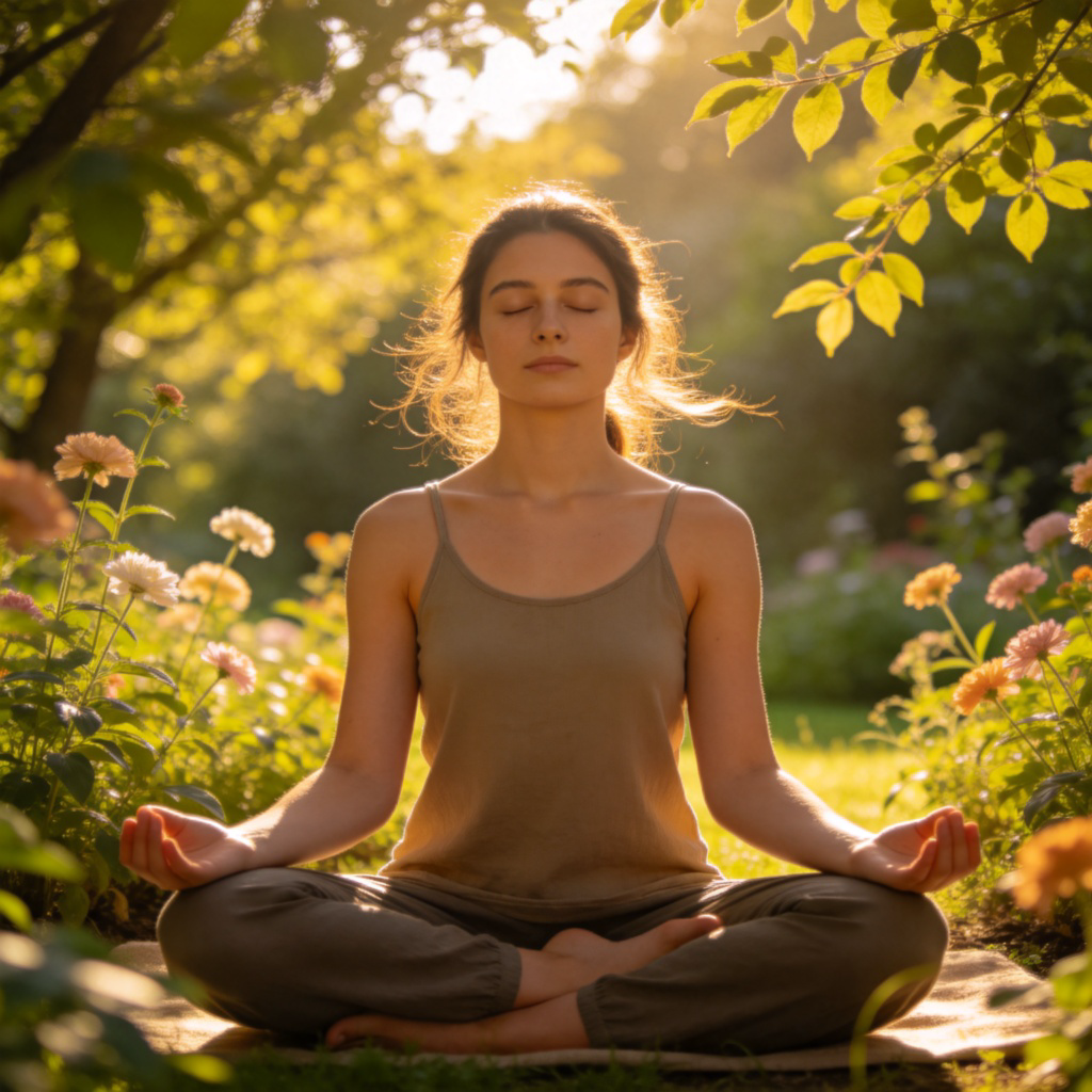 A person sitting cross-legged in a peaceful, natural setting like a garden or a quiet room, with eyes closed in meditation or doing a yoga pose. Their posture is calm and focused, suggesting inner peace and connection to their non-physical self. Soft, natural lighting. No text.