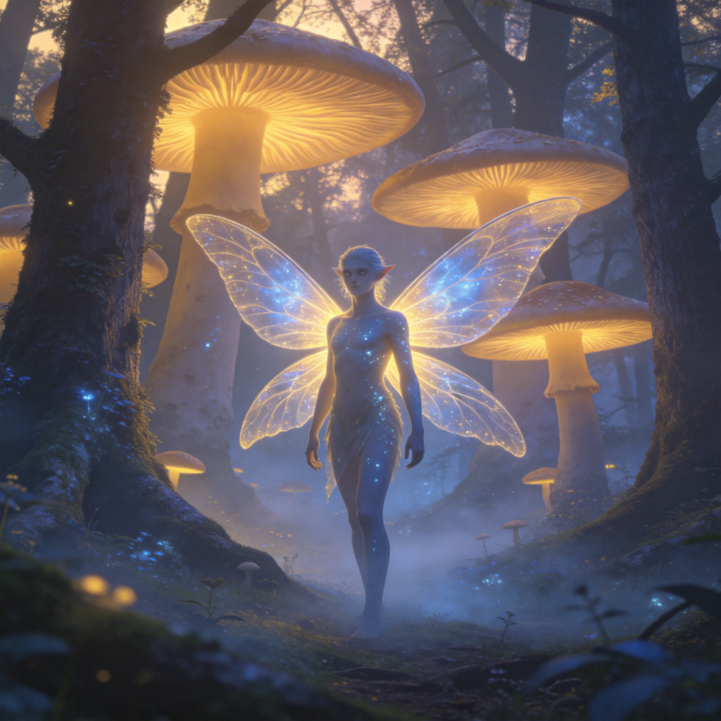 A mythical, humanoid forest spirit with glowing, semi-transparent wings, standing among giant glowing mushrooms and ancient trees in a misty, enchanted forest at dusk. The spirit looks gentle and mysterious, not scary. Fantasy illustration style, detailed and ethereal. No text.