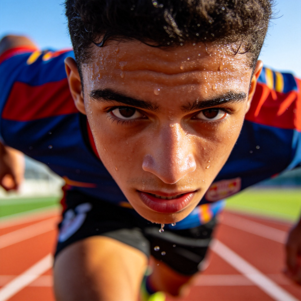 A close-up shot of a determined athlete, such as a soccer player or runner, in the middle of a game or race. Their face shows focus, effort, and energy, with sweat visible. They are in dynamic motion, wearing sports attire, on a field or track. Bright daylight, action photography. No text.
