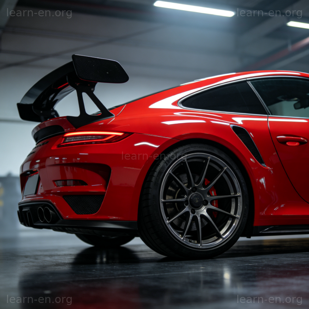 Spoiler扰流板含义图解：红色跑车尾部安装的黑色扰流板特写