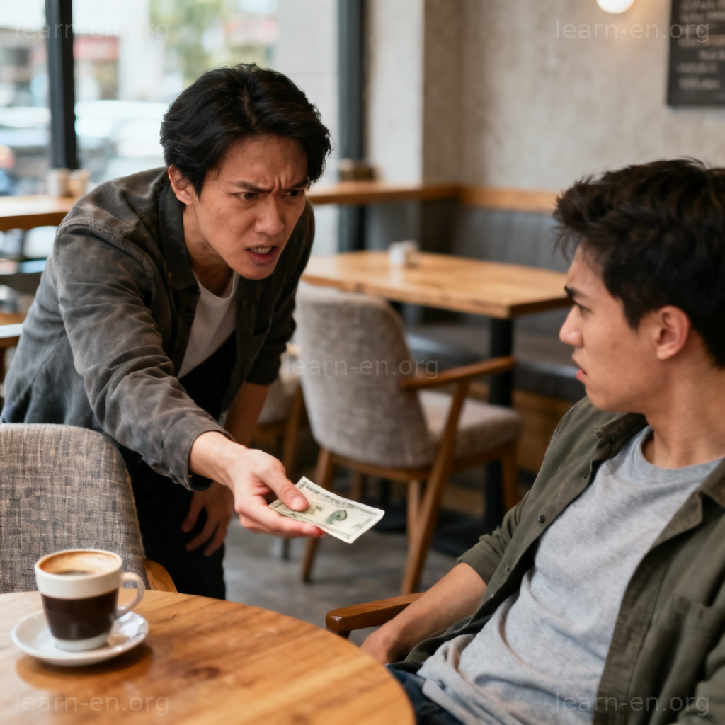Person asking for money in a cafe, representing the slang term freeloader.
