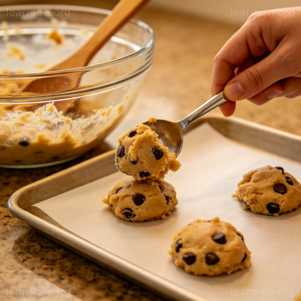 spoon 动词用法图解：用勺子舀取面团的动作