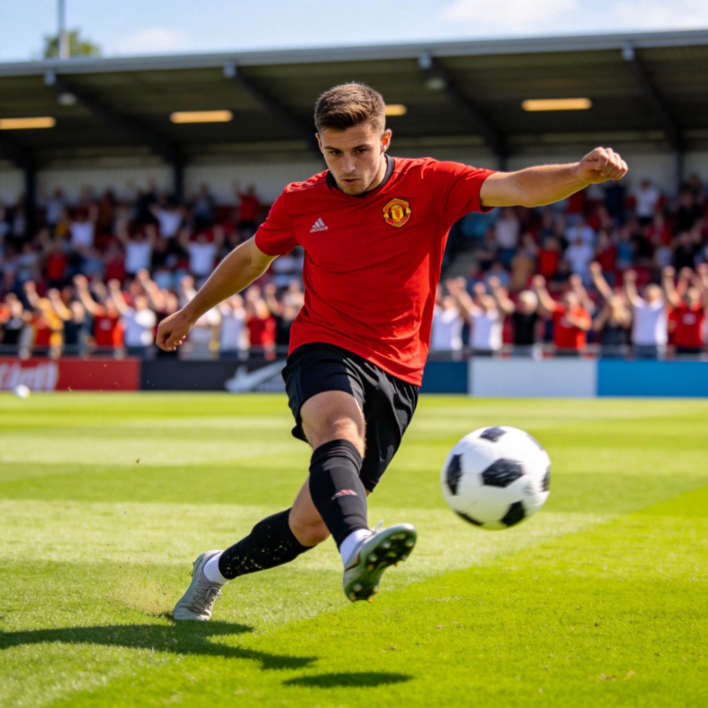 A dynamic moment of a football match. A player in a red jersey is about to kick a white and black football into the net. The background shows a green field and blurred stands with cheering fans. The action is clear, energetic, and focused on the ball and player's movement. Sunny day lighting.