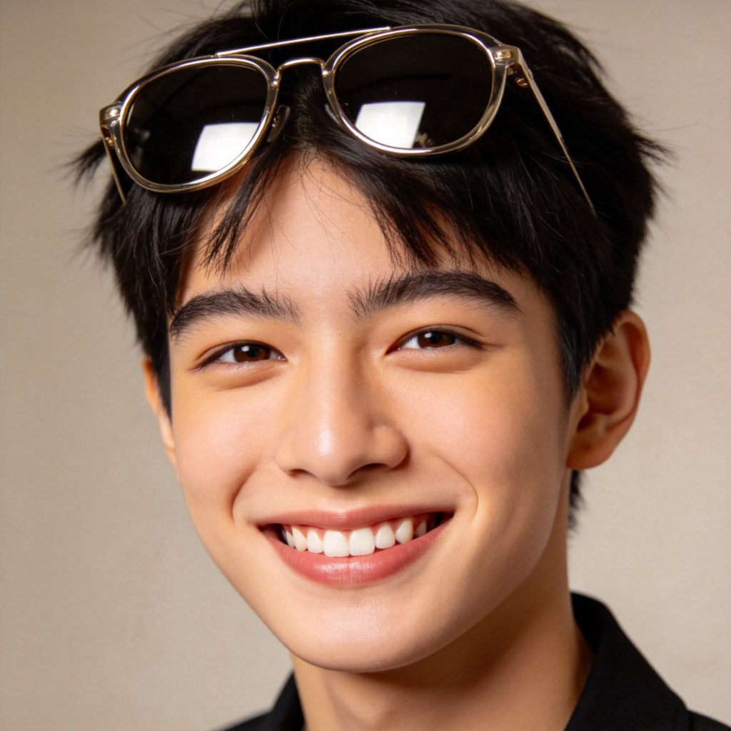 A close-up portrait of a young person smiling confidently, proudly showing off a shiny new pair of stylish sunglasses perched on their head. The background is blurred and neutral. The focus is on the person's happy expression and the new accessory. Studio lighting.