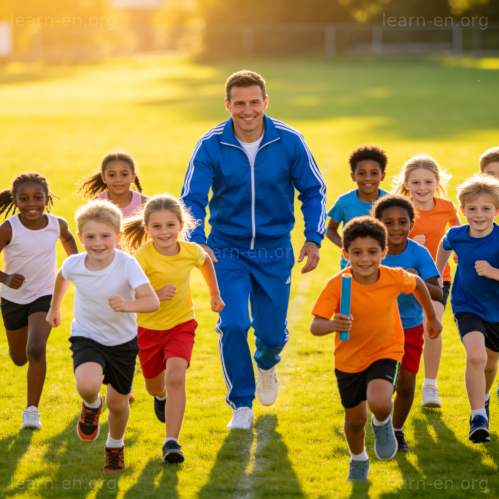 Sports Coach 图解：教练在阳光绿地上指导儿童接力赛跑