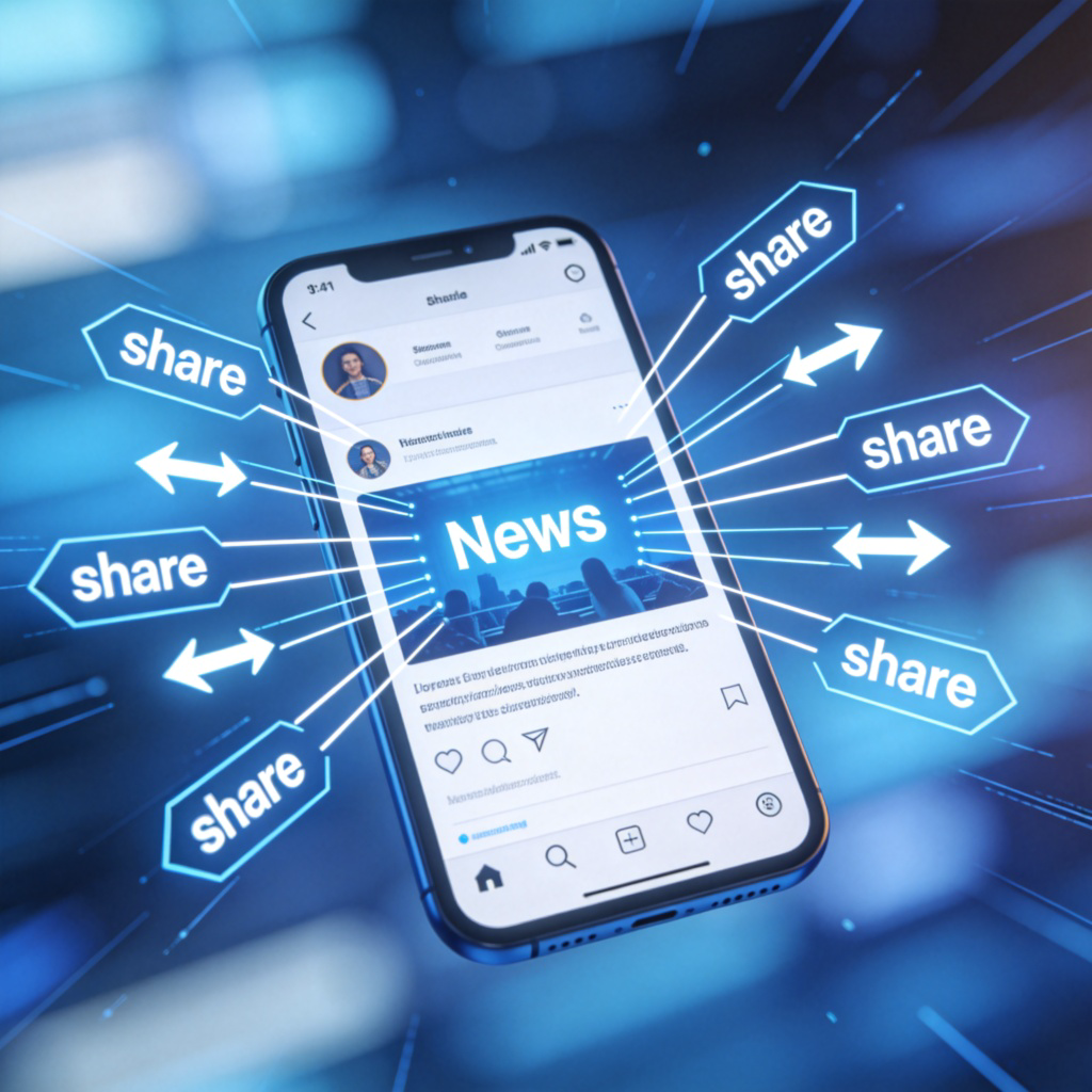 A smartphone screen showing a social media app interface. A positive news post is being actively shared, with multiple ‘share’ arrow icons radiating outwards from the center of the screen. The background is blurred, focusing on the action of sharing and the network of connections. Clean, digital aesthetic. No text or logos visible on the post.