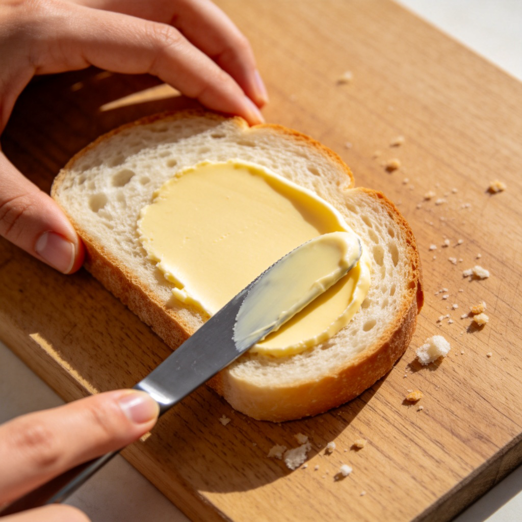 A close-up, top-down view of a person's hands using a butter knife to smoothly spread soft, yellow butter onto a slice of fresh bread. Crumbs are visible on the wooden cutting board. Warm, natural morning light. No text or brand logos on the knife or board.