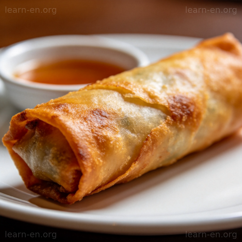 Spring Rolls 图解：金黄酥脆的油炸春卷特写，搭配蘸酱