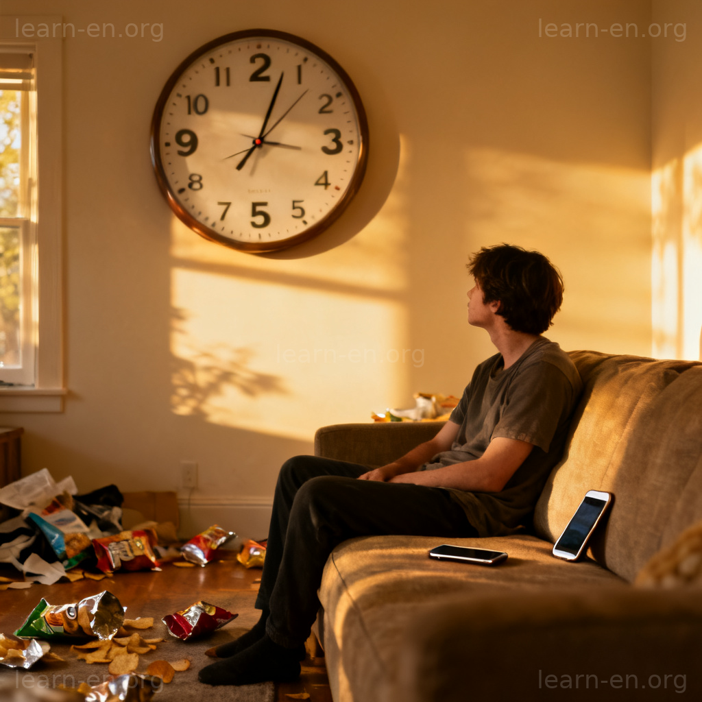 Squander time: person idle on sofa watching clock