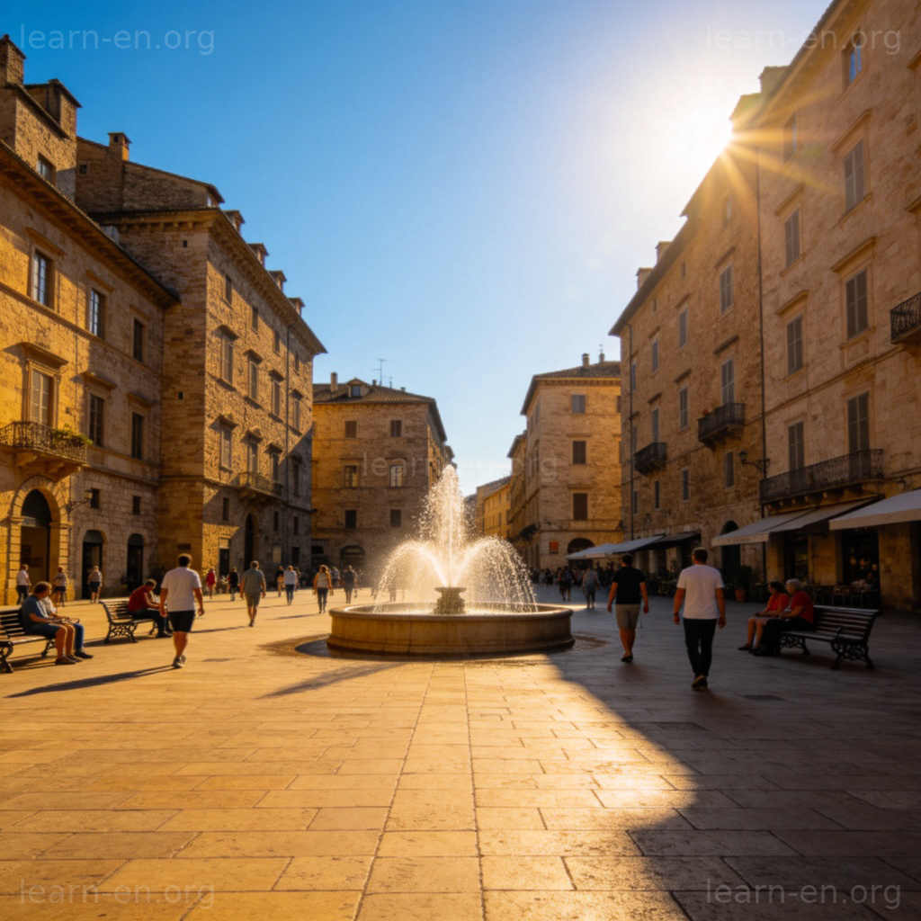 Sunny public town square with fountain and people walking