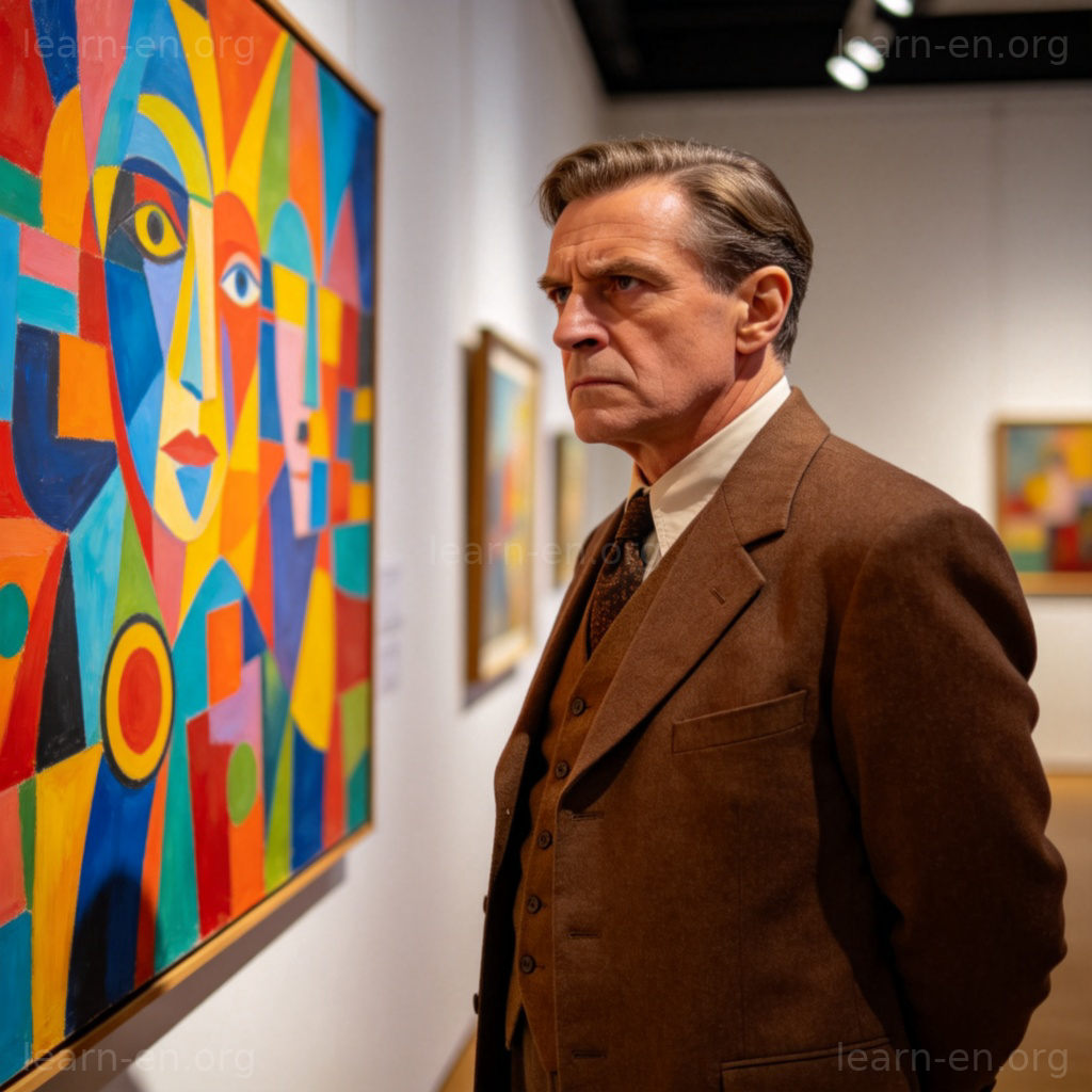 Old-fashioned man in brown suit frowning at modern art