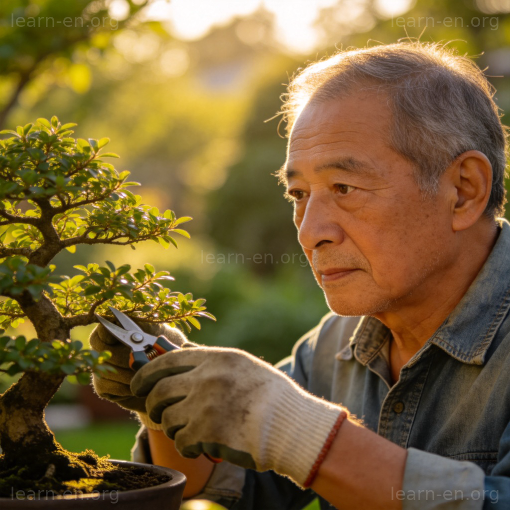 stability 沉稳含义图解：园艺师修剪盆景的专注与镇定