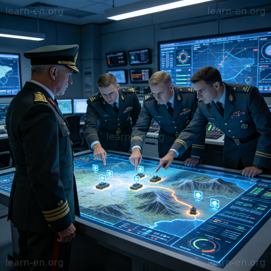 Staff as military aides: officers planning strategy in command center.