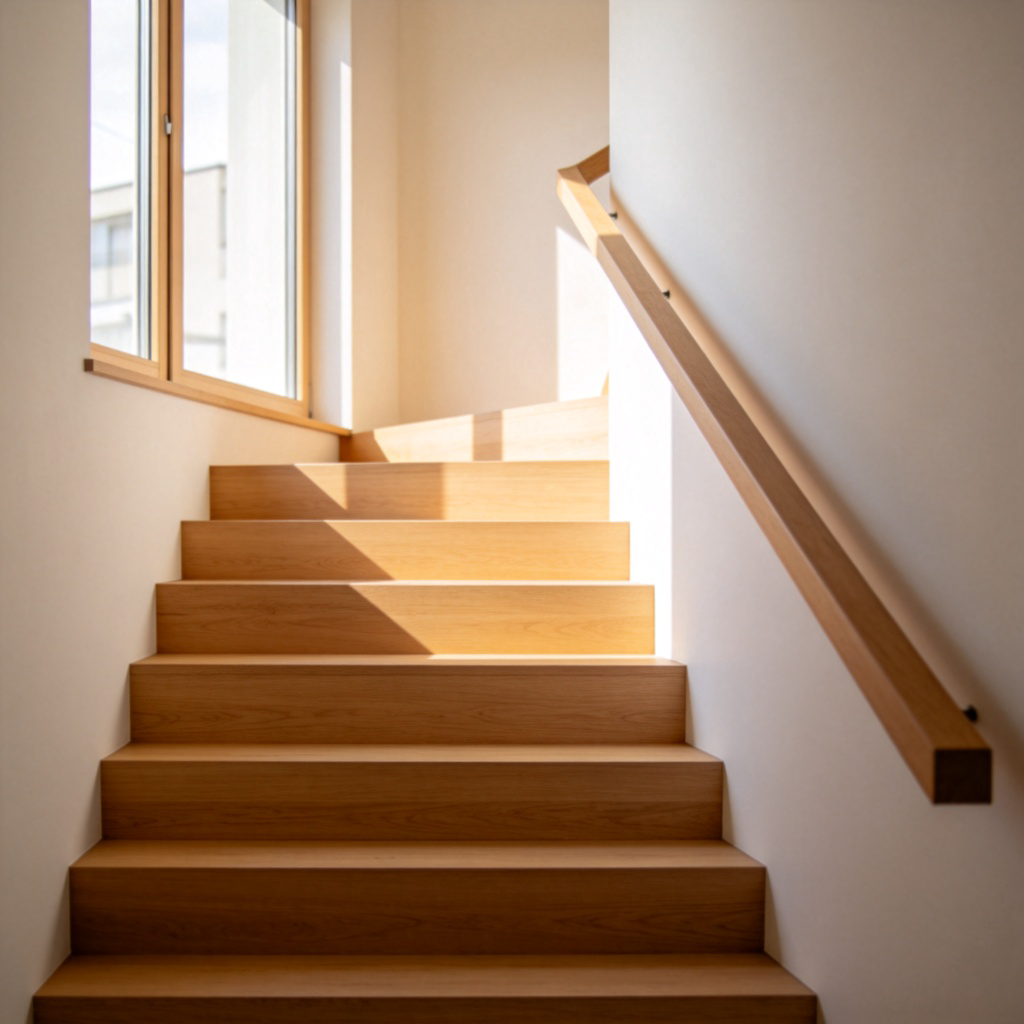 A photograph of a clean, modern wooden stair inside an apartment, connecting two floors. The focus is on a few steps with sharp edges and a handrail, showing the repeating pattern of going up. Natural light from a nearby window. Simple, clear composition.