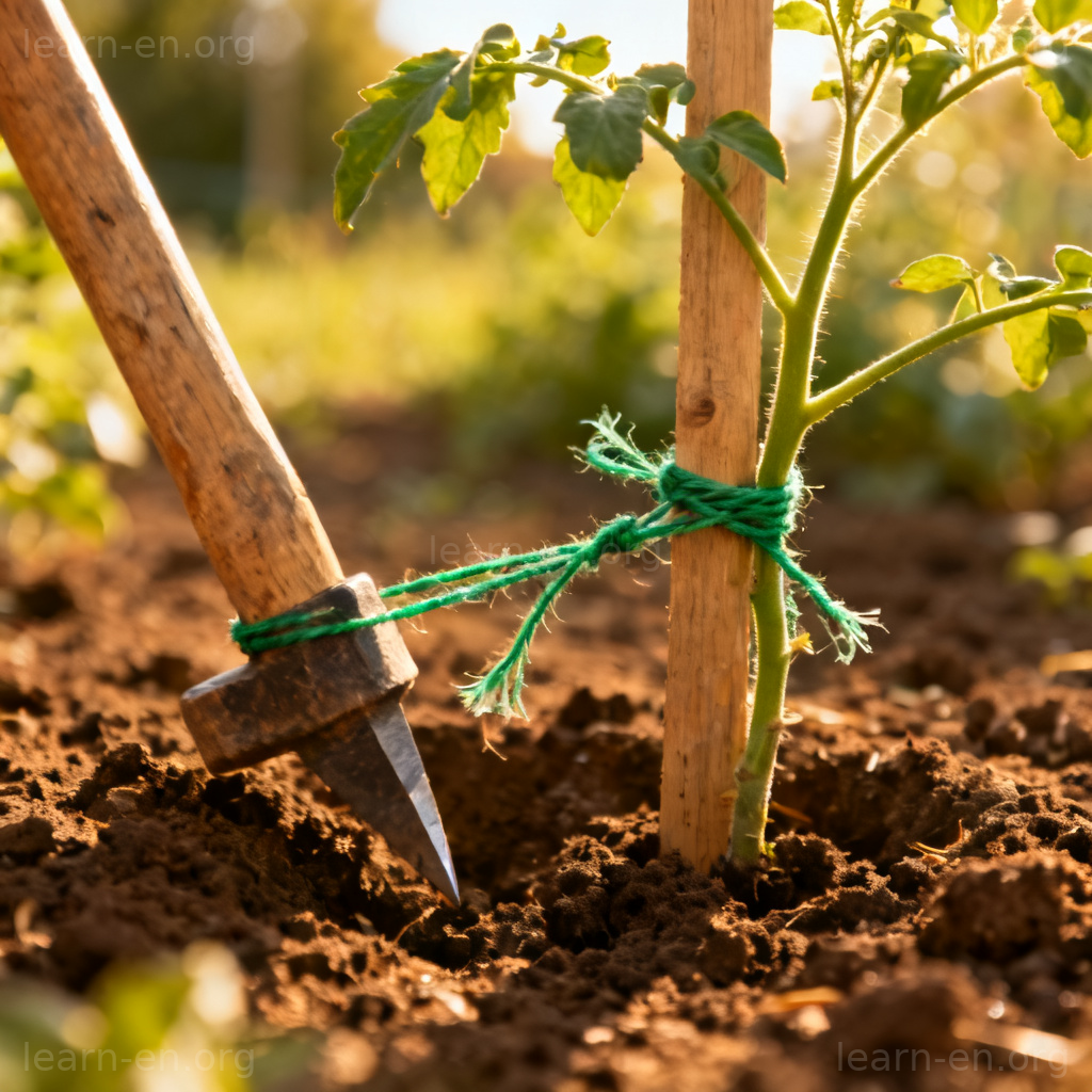 Stake meaning pointed post: wooden garden stake supporting a young tomato plant.