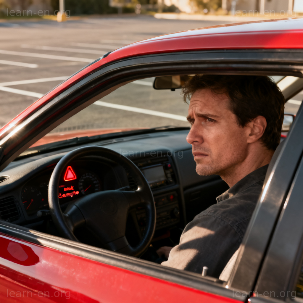 Car engine stall scenario with driver and illuminated check engine warning light on dashboard.