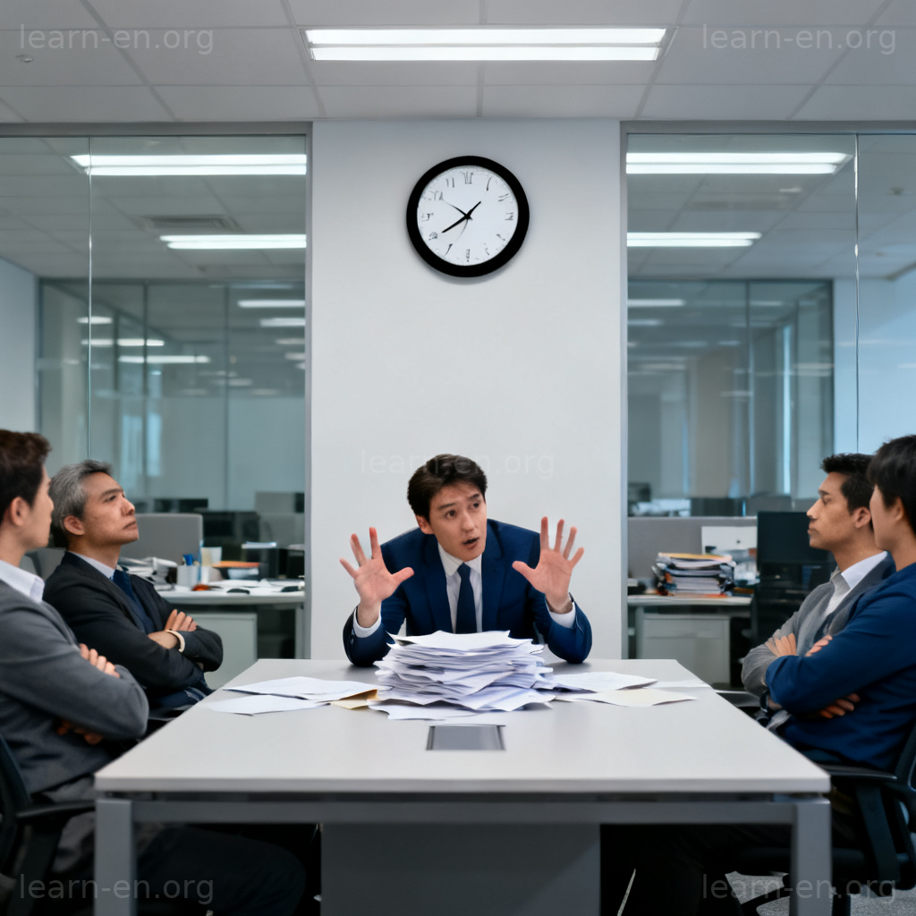 Business meeting stall tactic showing person delaying progress while others wait impatiently.