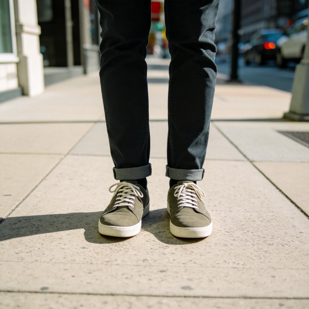A person standing straight with both feet on the ground, on a city sidewalk, waiting. They are dressed casually, looking ahead. Natural daylight, clear focus on the person's upright posture and feet.