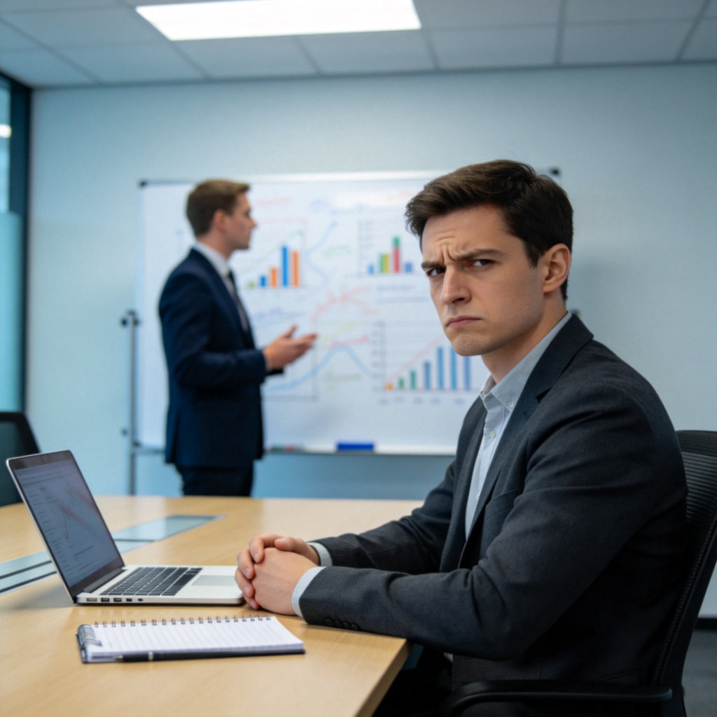 A person sitting at a desk in a modern office meeting room, looking visibly annoyed but staying quiet. Another person in the background is speaking at a whiteboard with confusing charts. Focus on the first person's facial expression of forced tolerance.