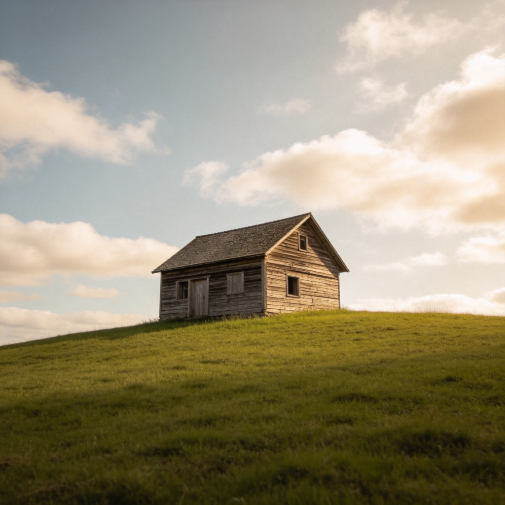 A lone, old wooden house standing on a green grassy hill under a partly cloudy sky. The house is the clear central subject, showing it is located there. The scene is peaceful and static.
